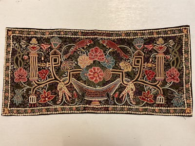 Lot 2153 - Antique Persian Rescht, fine chain stitch embroidery and applicated opposing birds and flowers, pedestals and flower baskets. 32 x 67 cms approximately.