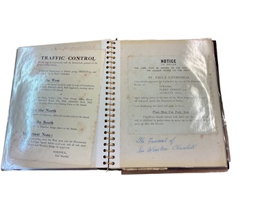 Lot 959 - Interesting album of motoring related ephemera to include 1950s and later tax discs, 1978 Royal Stables Ensclosure Ascot pass, original traffic control notice for the 1965 funeral of Sir Winston C...