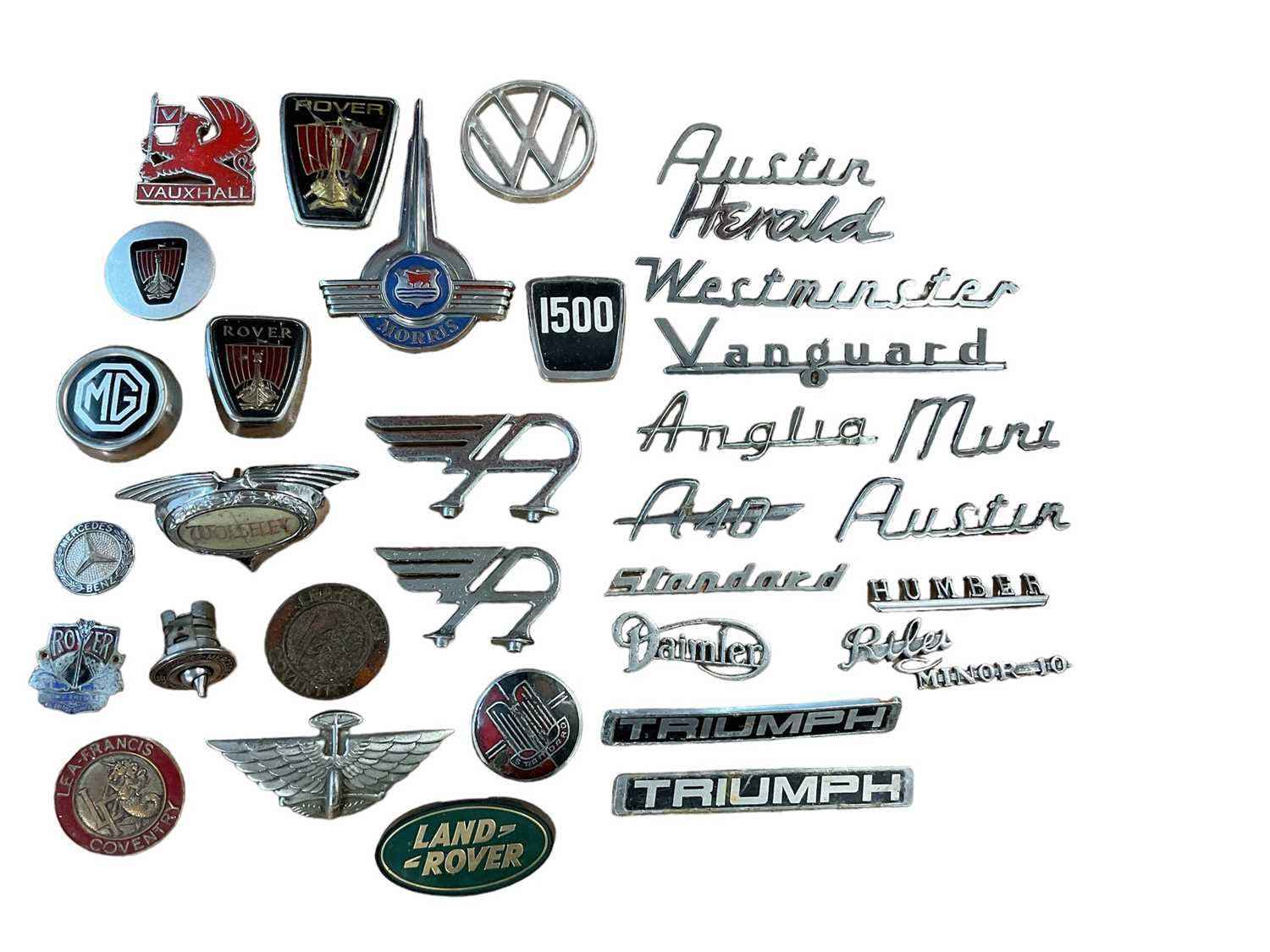 Lot 960 - Good collection of various classic car badges to include Vauxhall, Wolseley, Lea - Francis and others (1 box)