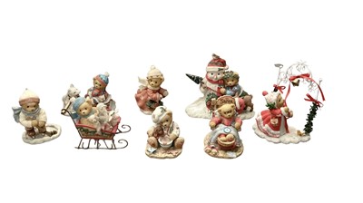 Lot 1296 - Two boxes of Cherish bears, two boxes of Christmas Village ornaments and one box of resin figures (5) plus small quantity of Swarovski