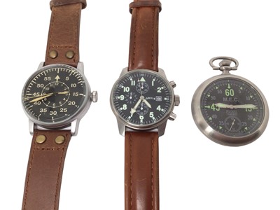 Lot 188 - Reproduction Beobachtungsuhr German military wristwatch on brown leather strap, reproduction Military European Company pocket watch and Orvis military style wristwatch (3)