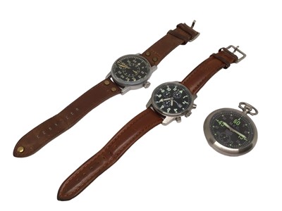 Lot 188 - Reproduction Beobachtungsuhr German military wristwatch on brown leather strap, reproduction Military European Company pocket watch and Orvis military style wristwatch (3)