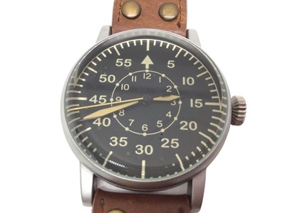 Lot 188 - Reproduction Beobachtungsuhr German military wristwatch on brown leather strap, reproduction Military European Company pocket watch and Orvis military style wristwatch (3)