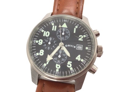 Lot 188 - Reproduction Beobachtungsuhr German military wristwatch on brown leather strap, reproduction Military European Company pocket watch and Orvis military style wristwatch (3)