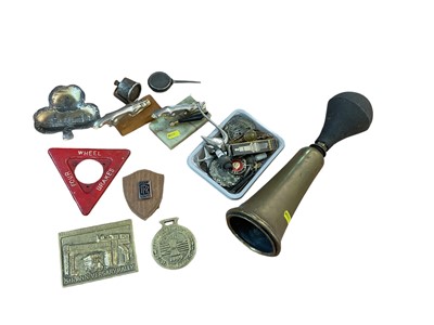 Lot 948 - Early 20th century brass car horn, together with two Jaguar mascots, and group of other motoring related items (1 box)