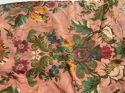 Lot 2156 - Mid/late 19th century pink silk curtain, woven silk and metallic thread flowers.