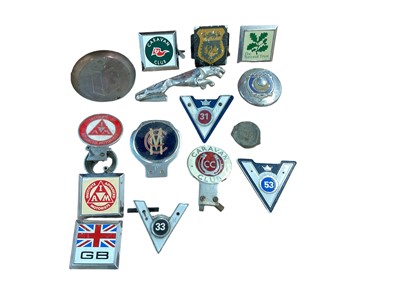 Lot 967 - Lot old car badges, copper petrol can advertising ashtray and Jaguar car mascot