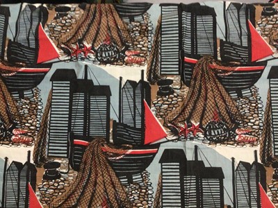 Lot 2159 - Pair of 1955 cotton curtains, artist designed fabric, Robert Taverner 'Fisherman’s Dream. 115 x 120 coms approximately.