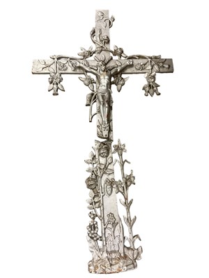 Lot 2644 - Antique Continental cast iron grave marker, with crucifix and relief ornament