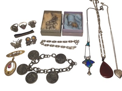 Lot 235 - Group of silver and white metal jewellery including a Charles Horner Art Nouveau silver, enamel and mother of pearl pendant necklace