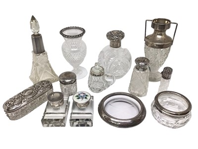 Lot 266 - Collection of Edwardian and early 20th century silver mounted cut glass items to include two Edwardian silver mounted cut glass posy vases, two silver mounted cut glass inkwells, four silver mounte...