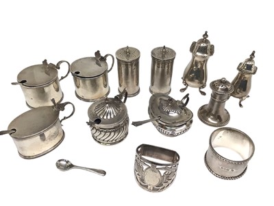 Lot 268 - Collection of five antique silver mustard pots and five pepperettes, with four spoons and two silver napkin rings.