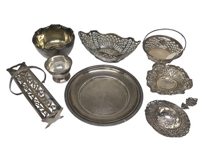 Lot 271 - Group of silver bon bon dishes and silver items to include a Canadian sterling Ryrie silver chocolate basket, American Birks silver bon bon dish, Victorian silver bon bon basket retailed by Roger o...