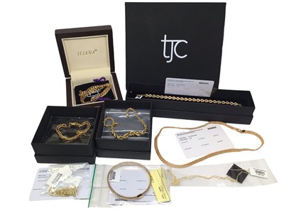 Lot 243 - Group of 9ct gold chain necklaces and bracelets, together with one 18ct gold chain, all as new, some boxed with card certificates