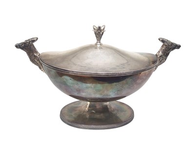 Lot 258 - 1930s Arts and Crafts silver tureen and cover with goat head handles (London 1936) together with silver plate