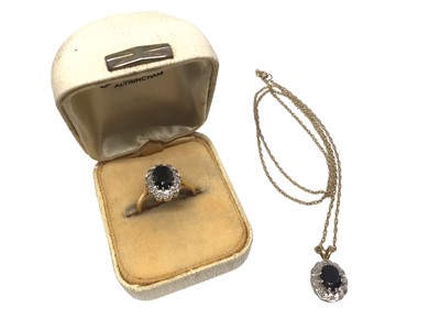 Lot 294 - 18ct gold sapphire and diamond cluster ring and a similar 9ct gold pendant on 9ct gold chain