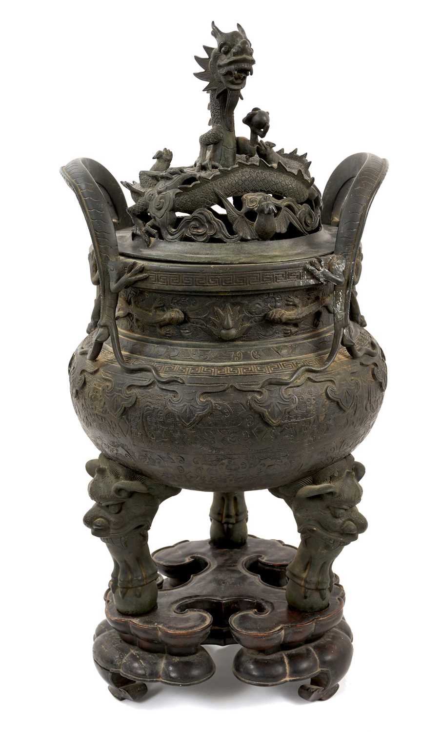 Lot 807 - Large and impressive antique Chinese bronze censor on stand