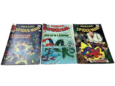 Lot 1659 - Marvel's 1965 The Amazing Spider-man #29, second appearance of Scorpion. The Amazing Spider-Man #27, Death of the Crime Master. The Amazing Spider-Man #51, second full appearance and cover of Kingp...