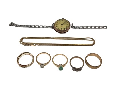 Lot 310 - Diamond single stone ring, diamond three stone ring, three 9ct gold rings, 9ct gold chain and a vintage 9ct gold cased wristwatch on plated bracelet