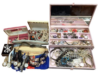 Lot 311 - Group of costume jewellery including silver charm bracelet, silver bangle, bead necklaces, various wristwatches and bijouterie