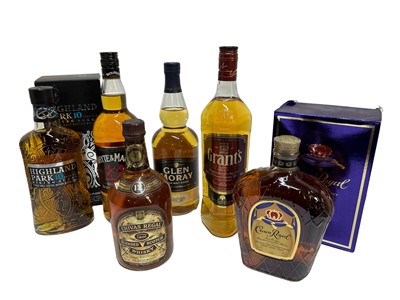 Lot 272 - Six bottles, assorted whiskies comprising: Glen Moray, Highland Park 10 year old 'Viking Scars', Crown Royal, Grant's, Whyte & Mackay and Chivas Regal