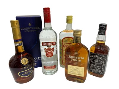 Lot 274 - Five bottles, Gordon's Gin, Courvoisier VSOP Cognac, Jack Daniel's, Smirnoff vodka and Amaretto Bellucci