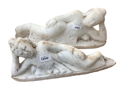 Lot 2664 - Pair of carved marble figures modelled as reclined geishas, each 39cm in length (2)