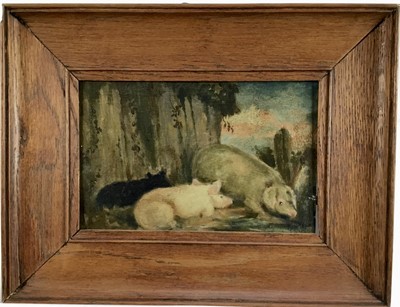 Lot 114 - English School, oil on panel- pigs in a farmyard, 16cm x 24cm, in wooden frame