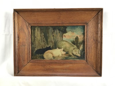 Lot 48 - English School, oil on panel- pigs in a farmyard, 16cm x 24cm, in wooden frame