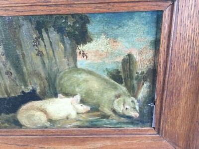 Lot 48 - English School, oil on panel- pigs in a farmyard, 16cm x 24cm, in wooden frame