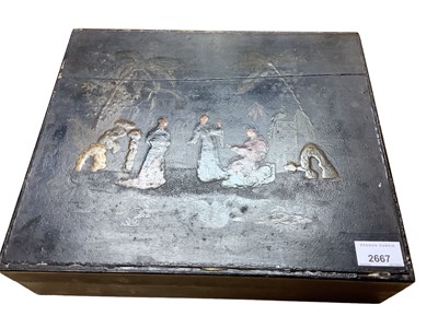 Lot 2667 - 19th century Japanese lacquer and papier-mâché games box, containing various gaming counter dishes and small boxes, within larger box typically decorated with Japanese figures.