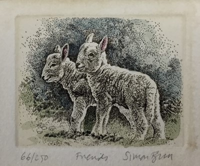 Lot 173 - Three coloured etchings depicting lambs, ducks and a cat by a fountain, various artists, all signed and numbered, in glazed frames