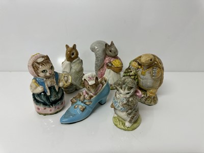 Lot 38 - Six Beswick Beatrix Potter figures comprising Cousin Ribby, Mr Alderman Ptolemy, Miss Moppet, Chippy Hackee, Goody Tiptoes and The Old Woman who lived in a Shoe