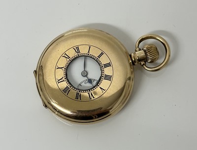 Lot 39 - Frasers of Ipswich half hunter pocket watch in gold plated case, with white enamel dial, cased