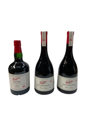 Lot 373 - Two bottles, Penfolds Grandfather Rare Tawny, 20 years old, in presentation cases, together with a bottle of Penfolds Father Grand Tawny, 10 years old, boxed (3)