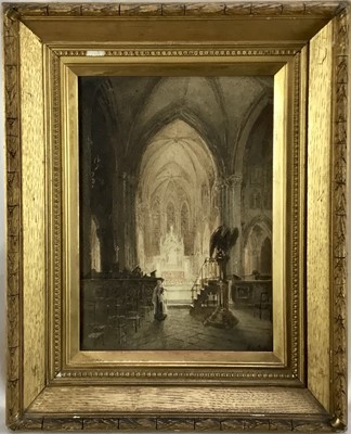 Lot 111 - William Hole, watercolour, church interior, believed to be Gloucester Cathedral, 35cm x 24cm, in gilt frame