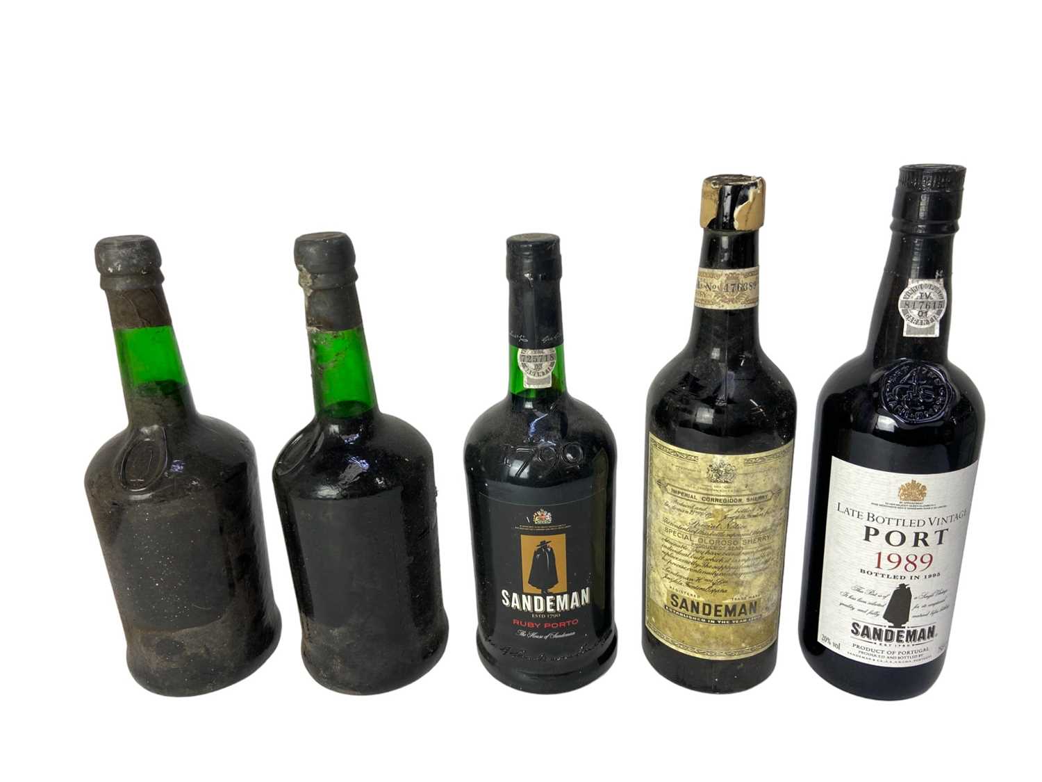 Lot 298 - Five bottles, Sandeman Port 1989, another Ruby, two bottles lacking labels and a bottle of Sandeman Olorosso Sherry