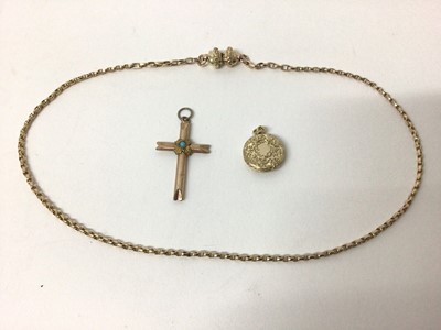 Lot 130 - Victorian 9ct gold necklace, Victorian locket and a gilt metal cross