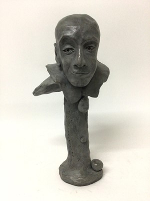 Lot 595 - Stephen Lansley, bronze study of the head of a bald man in cape on naturalistic tree trunch base 41.5cm high