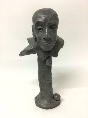 Lot 153 - Stephen Lansley, bronze study of the head of a bald man in cape on naturalistic tree trunch base 41.5cm high