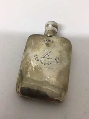 Lot 155 - Victorian silver hip flask with engraved armorial crest and dated 'November 1899' ( London 1899) 13 x 7.5cm, 4.3 ozs