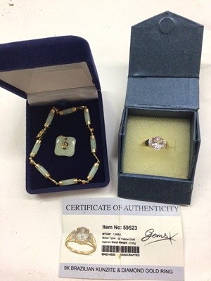 Lot 1076 - 9ct gold Brazilian kunzite and diamond ring, 14ct gold and green hard stone bracelet and pendant