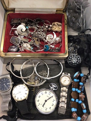 Lot 1011 - Group of silver and white metal jewellery including three silver bangles, various chains, pendants, earrings and rings, three wristwatches, Smiths pocket watch and some costume jewellery