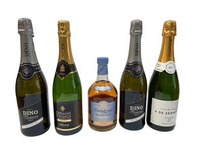 Lot 357 - Five bottles, Dalwhinnie Winter's Gold, 43%, 70cl., Senneval 2009 champagne, two bottles of Prosecco and one of Cremant