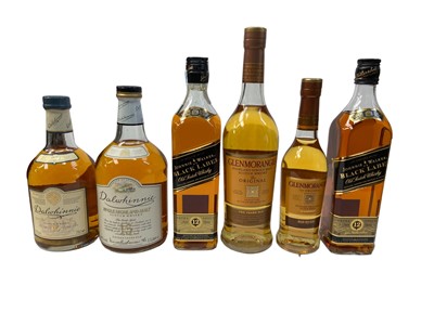 Lot 401 - Six bottles, Johnnie Walker Black Label (2), Dalwhinnie 15 year old (2) and Glenmorangie 10 year old (2), each boxed