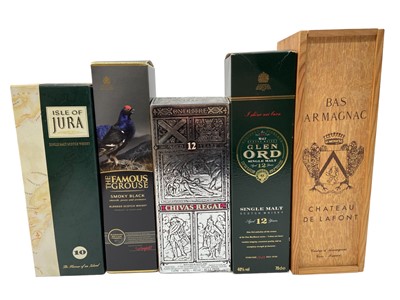 Lot 402 - Nine bottles, Glen Ord 12 year old, Isle of Jura 10 year old, The Glenlivet 12 year old, Flower of Scotland Whisky, Ballantines 1.5 litre, Famous Grouse, Chivas Regal, Blandy's Madeira and Bas Arma...