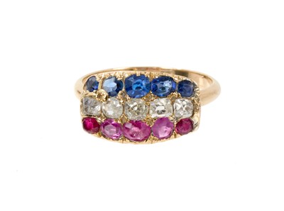 Lot 643 - Late Victorian 15ct gold diamond, ruby and sapphire three row ring