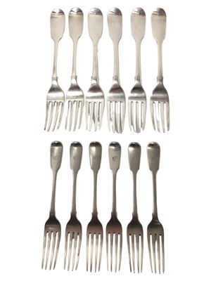 Lot 295 - Six Victorian silver fiddle pattern dinner forks and six George IV same pattern