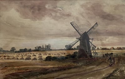 Lot 263 - English School, 19th century, watercolour - Windmill in a Harvest Landscape, unframed