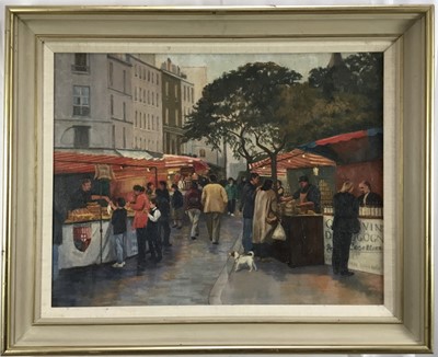 Lot 110 - Rachel Anne Le Bas (1923-2020) oil on canvas - A Paris Street Market, Dusk, Mall Galleries, New English Art Club label verso